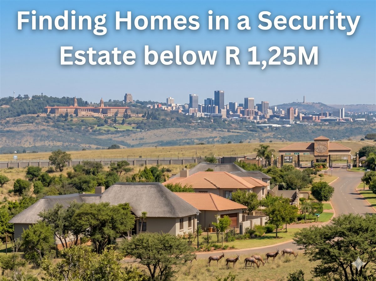 View over a Tshwane security estate with the Pretoria skyline behind it — finding homes in a security estate below R1,25 million