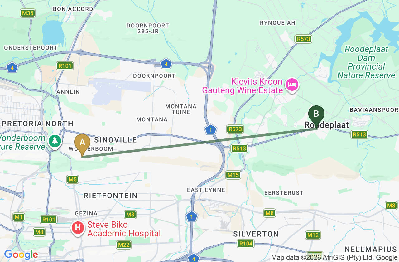 Map showing the route from Annlin to Roodepark Eco City 2