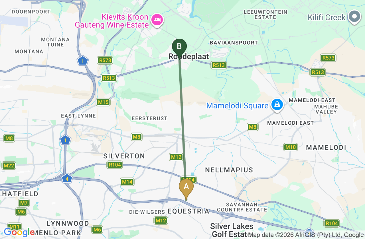 Map showing the route from Equestria to Roodepark Eco City 2