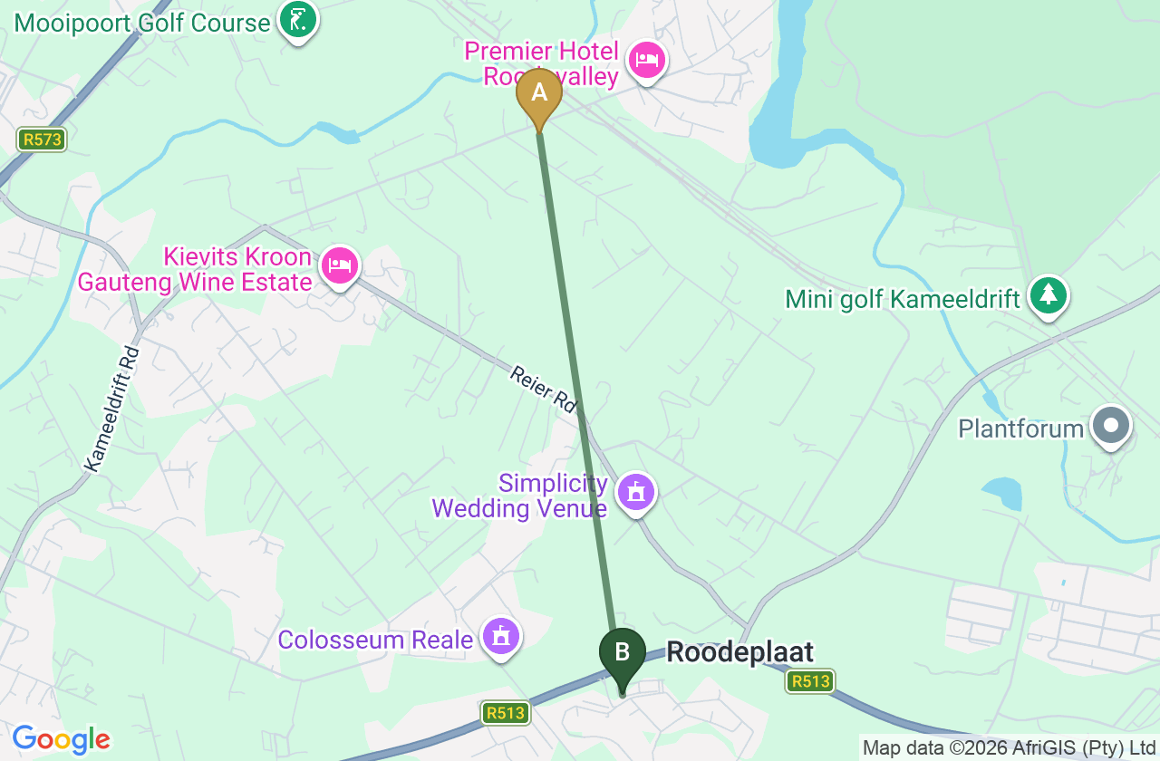 Map showing the route from Kameeldrift East to Roodepark Eco City 2