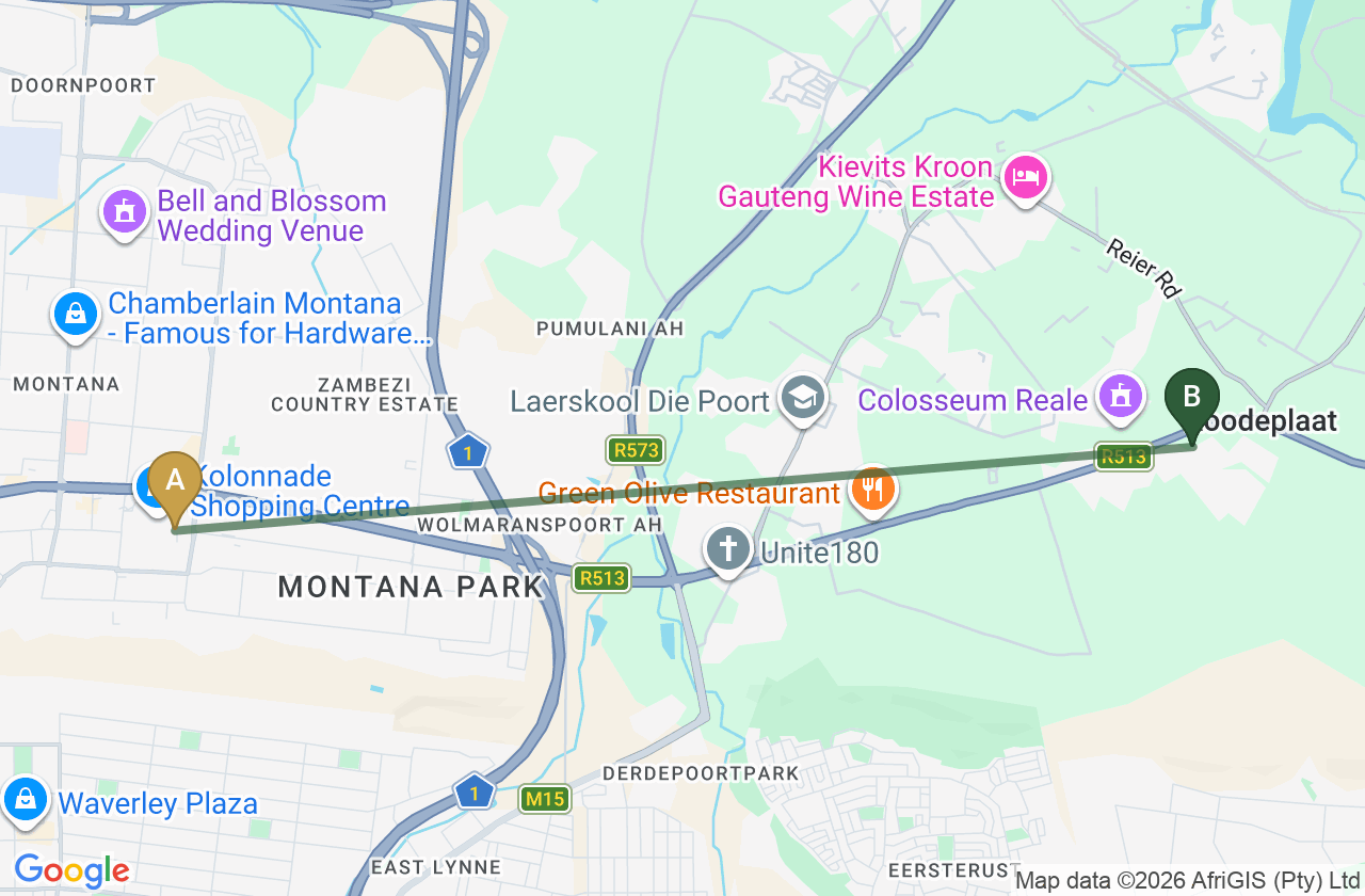 Map showing the route from Hoërskool Montana to Roodepark Eco City 2