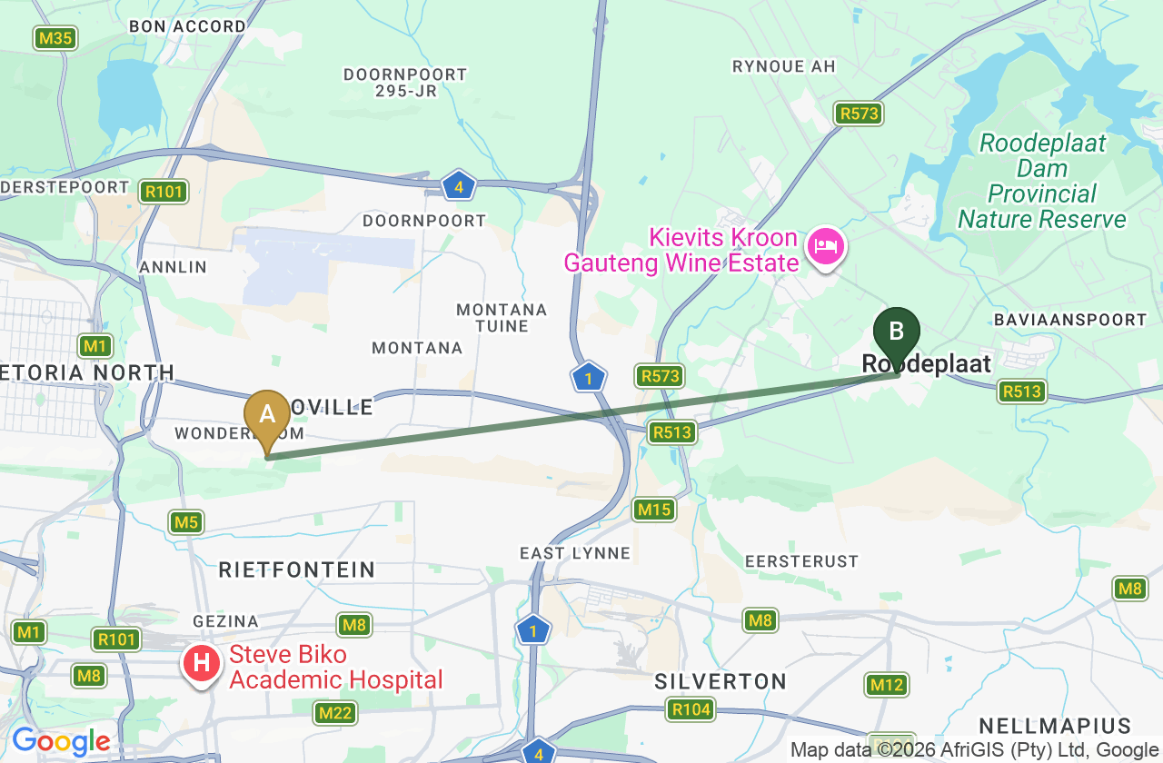 Map showing the route from Hoërskool Overkruin to Roodepark Eco City 2