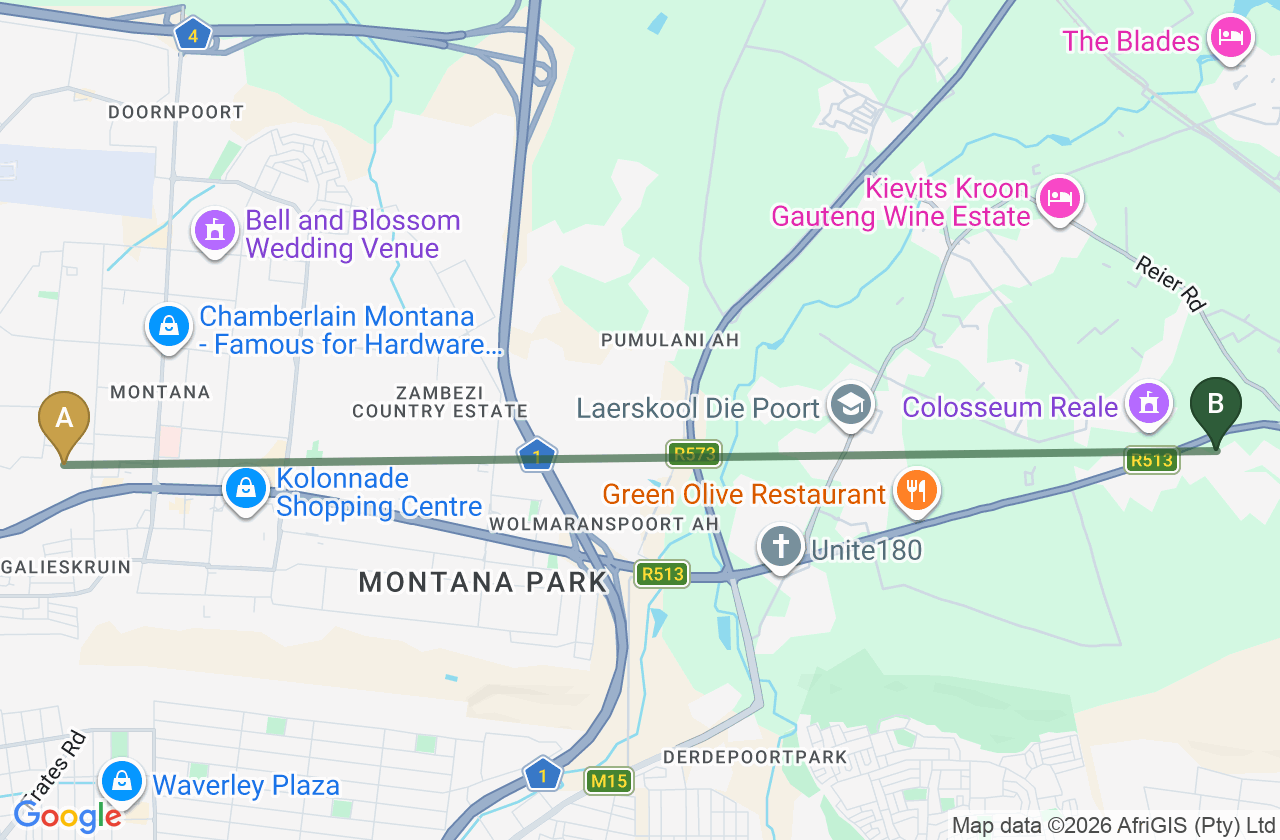 Map showing the route from Kolonnade Shopping Centre to Roodepark Eco City 2