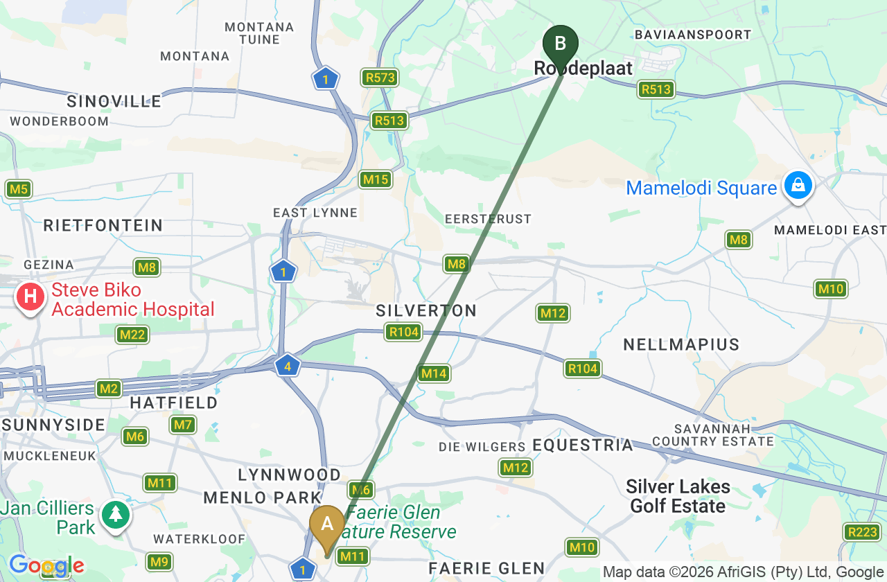 Map showing the route from Menlyn Park Shopping Centre to Roodepark Eco City 2