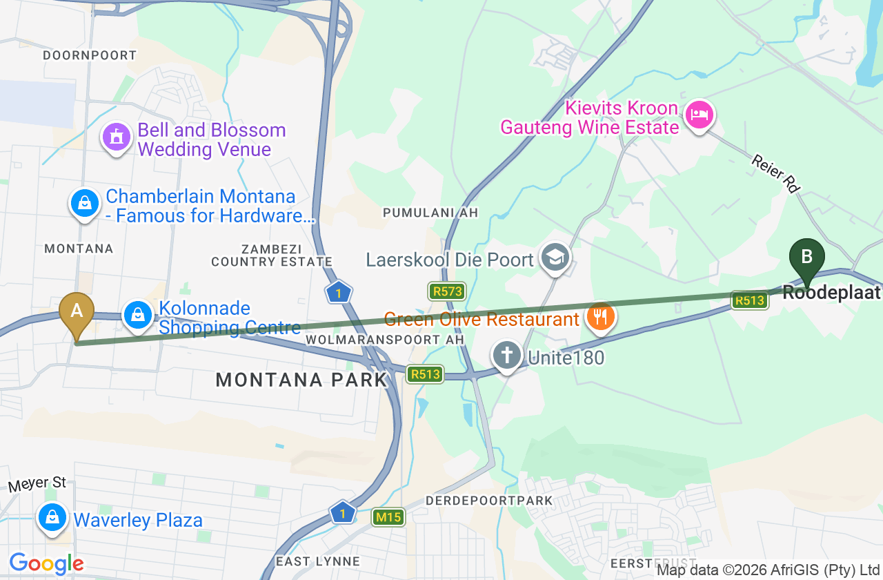 Map showing the route from Montana Crossing to Roodepark Eco City 2