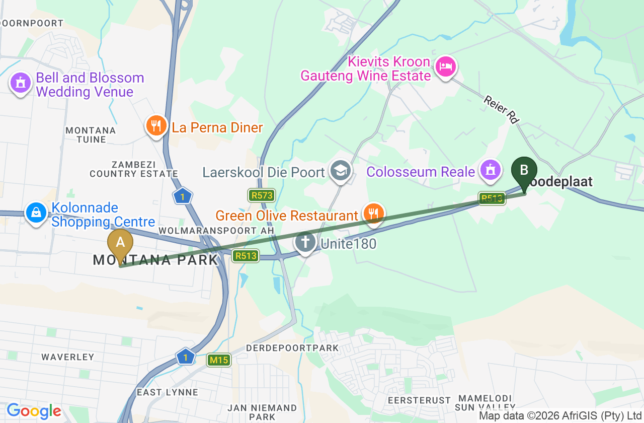 Map showing the route from N1 Zambesi Drive Interchange to Roodepark Eco City 2