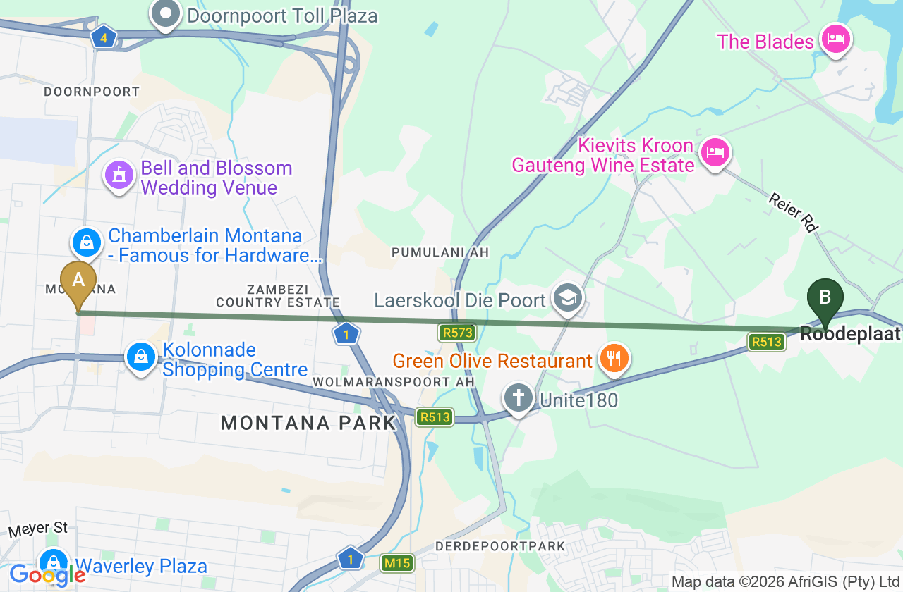 Map showing the route from Netcare Montana Hospital to Roodepark Eco City 2