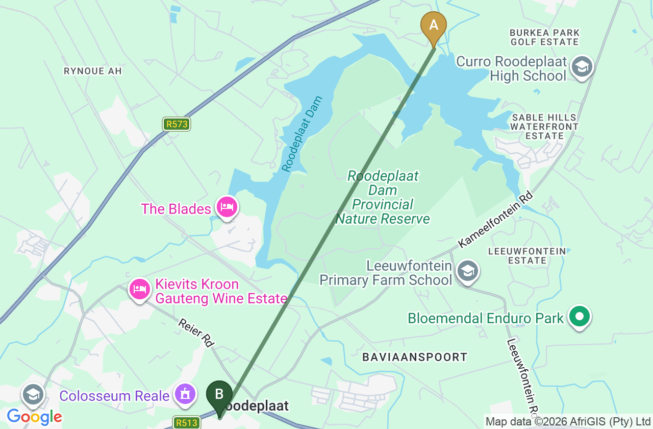 Map showing the route from Roodeplaat Dam Nature Reserve to Roodepark Eco City 2