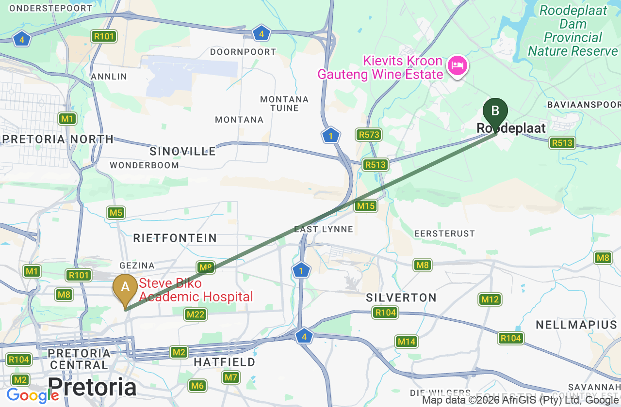 Map showing the route from Steve Biko Academic Hospital to Roodepark Eco City 2