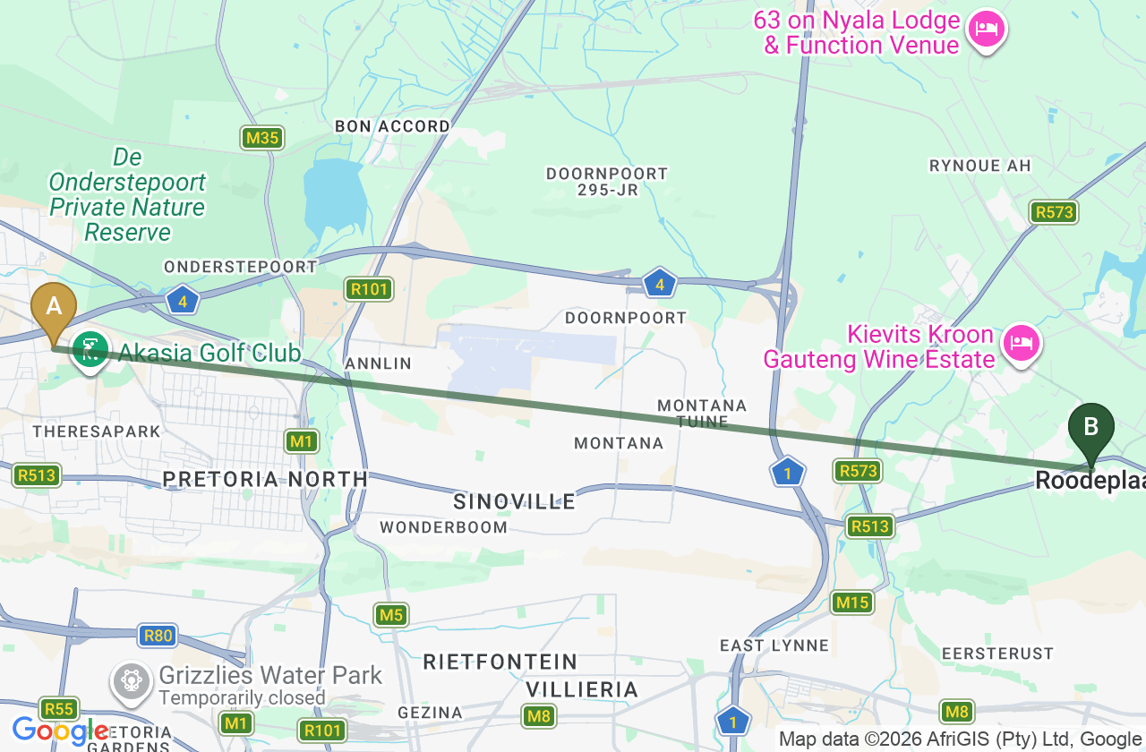 Map showing the route from Wonderpark Shopping Centre to Roodepark Eco City 2