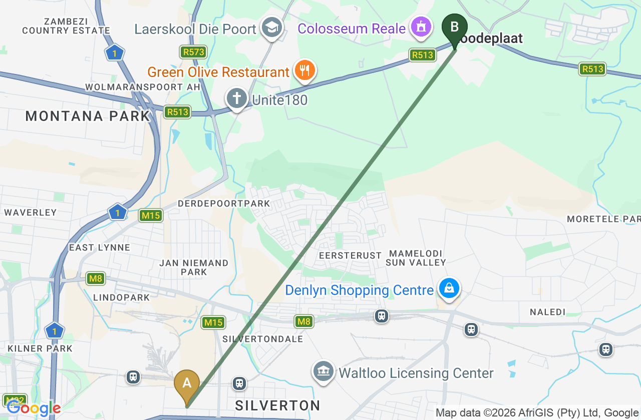Map showing the route from Silverton to Roodepark Eco City 2